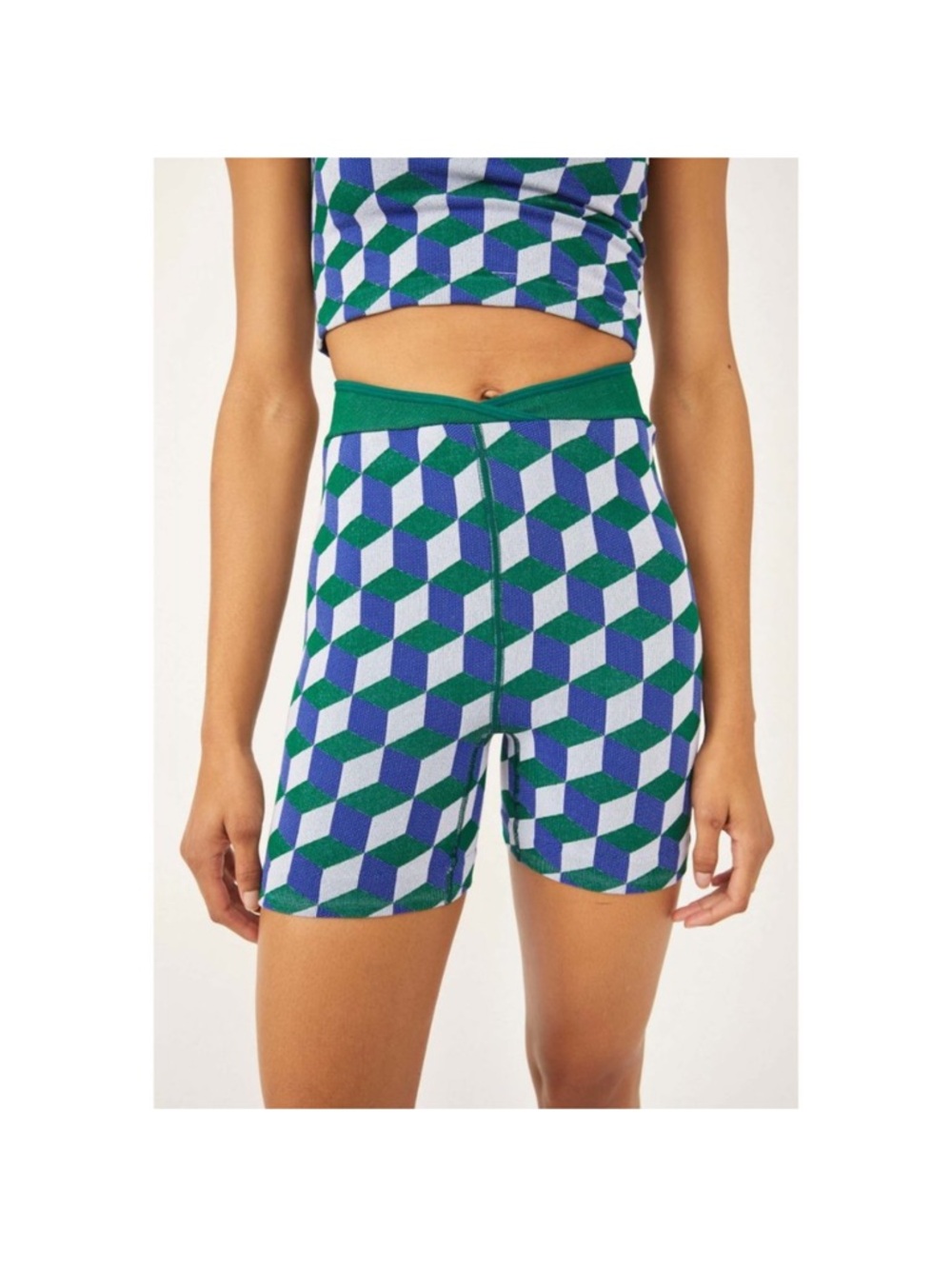 Free People Movement Geometric Jacquard Green & Blue Biker Shorts Sz M